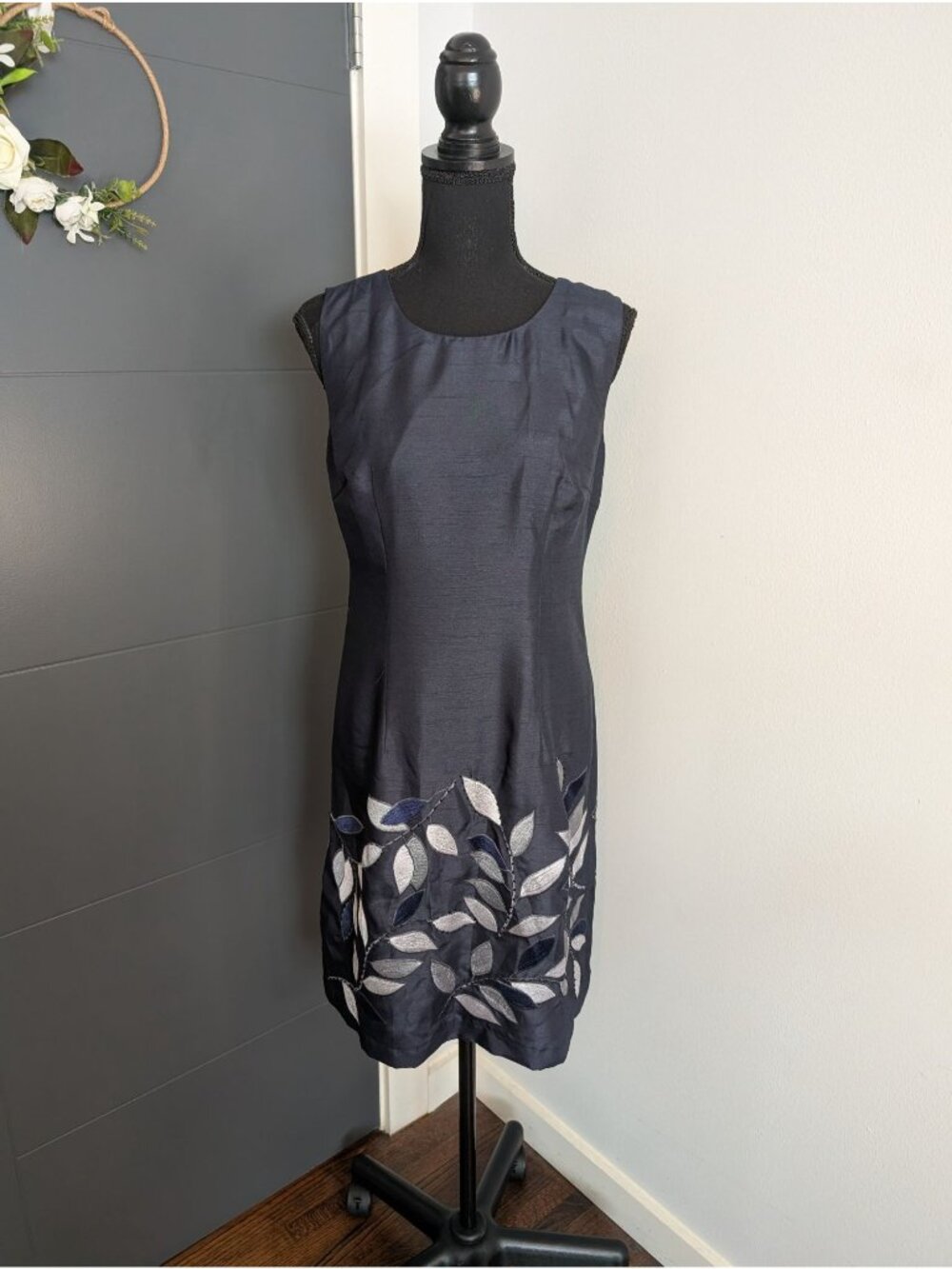 Diva Silk Navy Blue Sleeveless Shift Dress With Silver Embroidered Leaf Hem - L